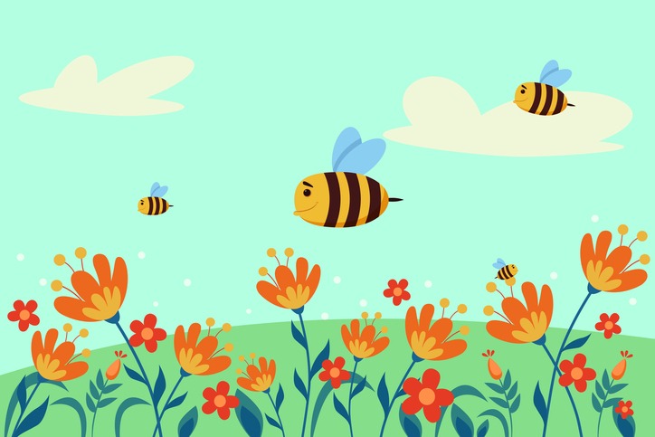 Happy comic bees flying across flower field