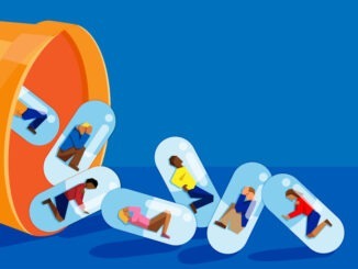 illustration of multiracial adults encapsulated and being dropped from a large pill bottle. concept for prescription drug addiction/abuse.