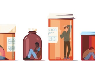 Drug addict concept set. Addicted people trapped inside pill bottles,