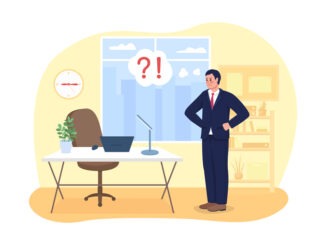 Poor attendance at work isolated illustration. Employee late to office. Absent worker. Angry boss