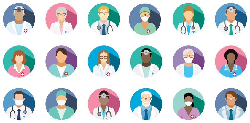Icons with hospital doctors, surgeons, nurses and other medical practitioners.