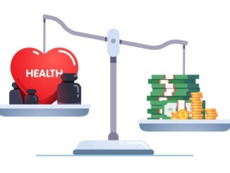 Money & health balance. Health care and treatment costs contradiction conflict.