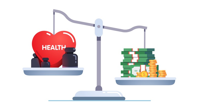 Money & health balance. Health care and treatment costs contradiction conflict.