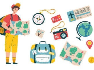 Tourist travel character with vacation tools objects