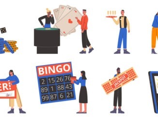 Cartoon gambling players. People play gamble. Bets and bingo lottery victory.