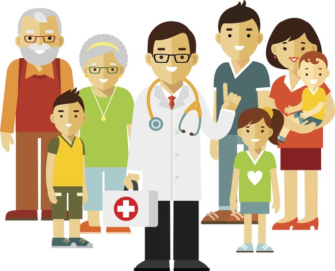 Doctor standing together with father, mother, children and grandparents