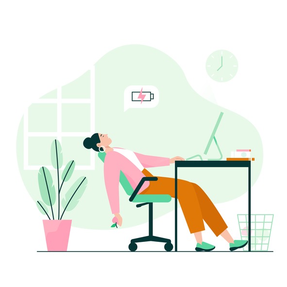 Tired employee sleeping at the desk. Work burnout, low energy at work.