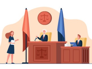 Female attorney standing in front of judge and talking isolated flat vector illustration. Cartoon courtroom or courthouse during trial. Justice and law concept
