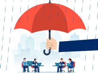 Vector of a hand holding big umbrella in rain protecting people employees working in an office