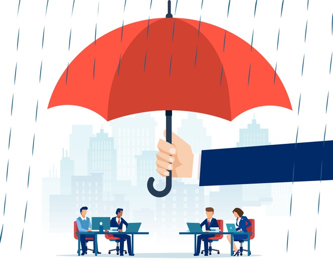 Vector of a hand holding big umbrella in rain protecting people employees working in an office