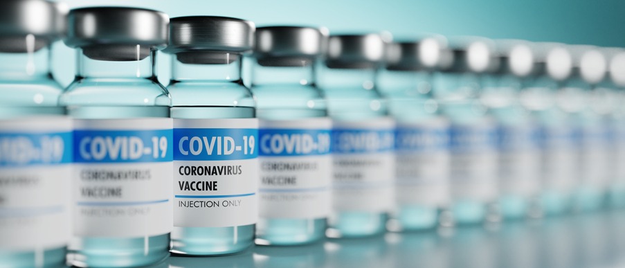 Row of Coronavirus vaccine flask