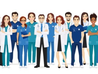 NHS workforce - team of Multiethnic doctors and nurses