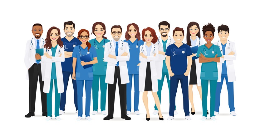 NHS workforce - team of Multiethnic doctors and nurses