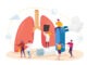 small Characters at Huge Lungs and Inhaler, Respiratory System Examination and Treatment for asthma.
