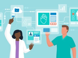 Professional doctors interacting with virtual interfaces online, they are checking electronic medical records, telemedicine and virtual reality concept