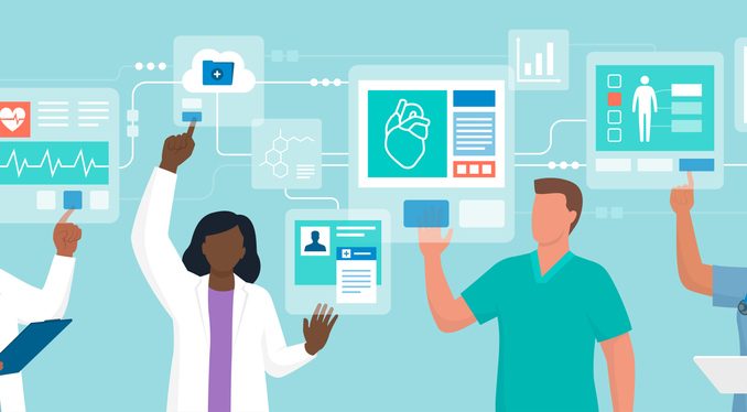 Doctors interacting with digital interfaces and checking health AI data