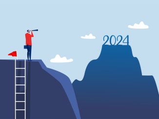 General practice manager looking ahead to 2024 through binoculars on top of the mountain