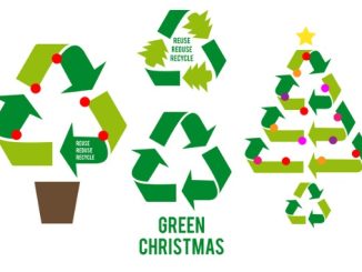 Green Christmas trees with recycling sign, reuse, reduce, recycle,