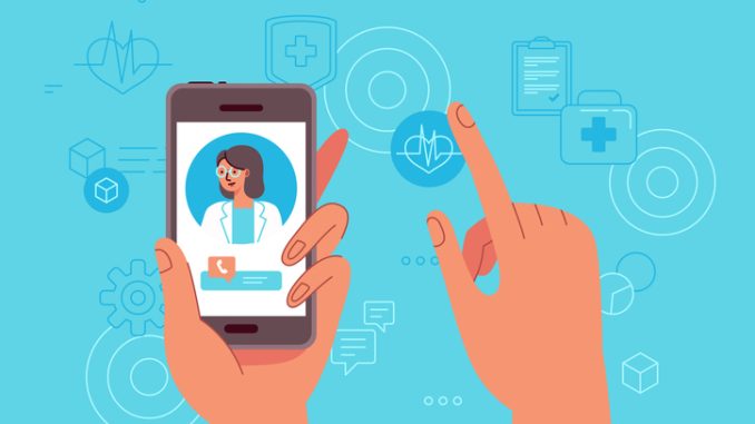 Vector illustration in simple flat style - online and tele medicine concept - hand holding mobile phone with app for healthcare - online consultation with doctor