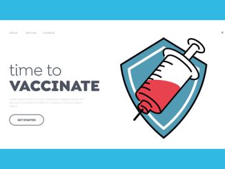 Time to Vaccine Landing Page Template. Medical Poster Syringe with Drug inside of Shield. Vaccination and Immunization, Health Care for Clinic, Hospital, Human Immunity. Linear Vector Illustration