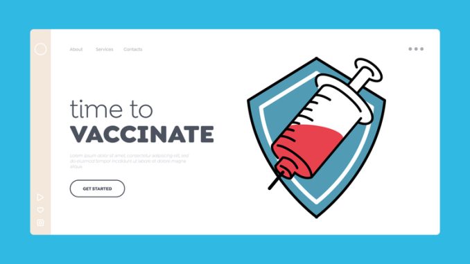 Time to Vaccine Landing Page Template. Medical Poster Syringe with Drug inside of Shield. Vaccination and Immunization, Health Care for Clinic, Hospital, Human Immunity. Linear Vector Illustration