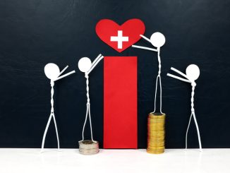 Stick figure reaching for a red heart shape with cross cutout while stepping on stack of coins. Medical care, healthcare and hospital access inequality concept.