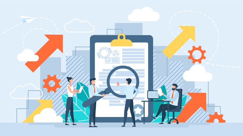 Product certification, performance standard tiny person concept, standard for quality control. Metaphor of research, business control, obtaining a permit, certificate of activity. Flat vector design.
