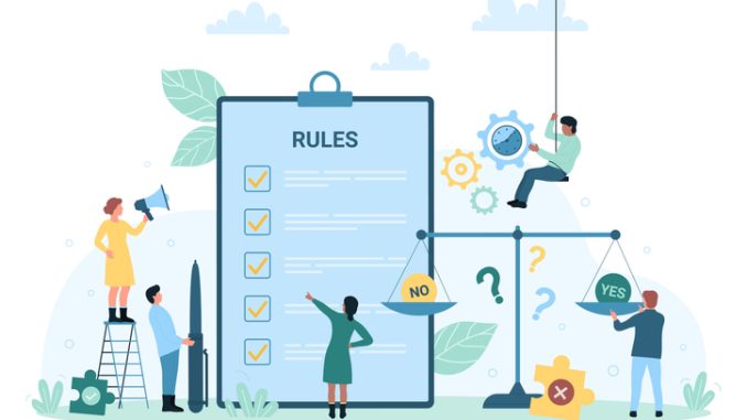 Regulation and compliance rules vector illustration. Cartoon tiny people reading and understanding law information document in paper checklist on clipboard, regulatory agreement and principle of work