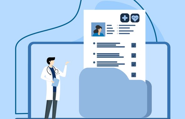 Concept of electronic health records and online medical services. Doctor in hospital reading EMR of patient. Patients carry out online consultations with specialist doctors. Vector illustration.