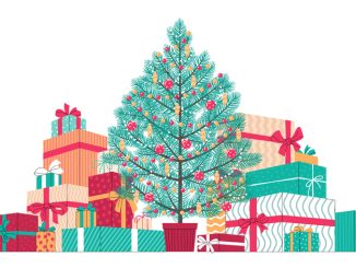 Christmas tree with pile of wrapped gifts, festive vector illustration