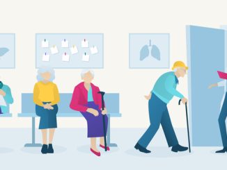 Vector of elderly patients waiting doctor appointment time at geriatrics clinic
