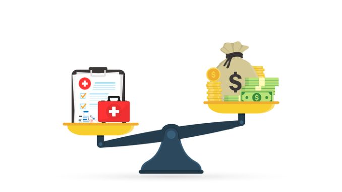 Money and health balance. Scale of balance between money, dollar and medicine, pill. Balance of lifestyle and work. Health care and treatment costs contradiction conflict. Health concept. Vector