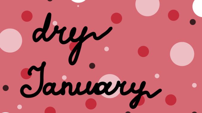 Dry January script cursive typography on colorful background with dots pattern. Celebrated during January to abstain from alcohol. 