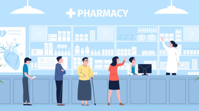 Pharmacy store, retail in clinic. Drugstore customer waiting line, medical seller or pharmacist. Woman buy medications, tablets, recent vector scene