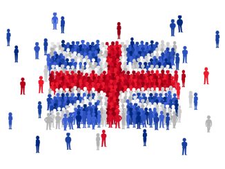 Vector United Kingdom state flag formed by crowd of cartoon people