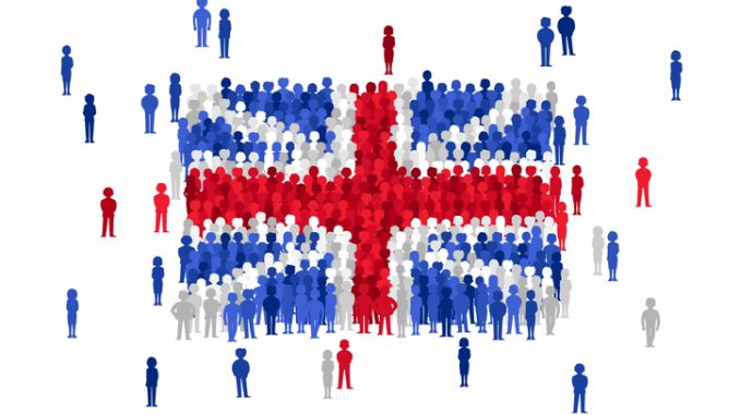 Vector United Kingdom state flag formed by crowd of cartoon people