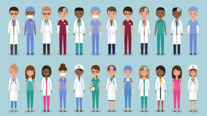 Doctors, nurses and surgeons characters. Animated medical people. Flat avatars. Vector. Set icons isolated on blue background. Healthcare professional. Hospital staff. Medicine concept.