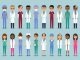 Doctors, nurses and surgeons characters. Animated medical people. Flat avatars. Vector. Set icons isolated on blue background. Healthcare professional. Hospital staff. Medicine concept.