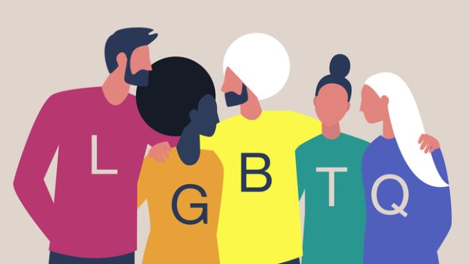 LGBTQ+ sign, Homosexual relationships, A diverse community of modern gay, lesbian, bisexual, transgender, queer people hugging  and supporting each other