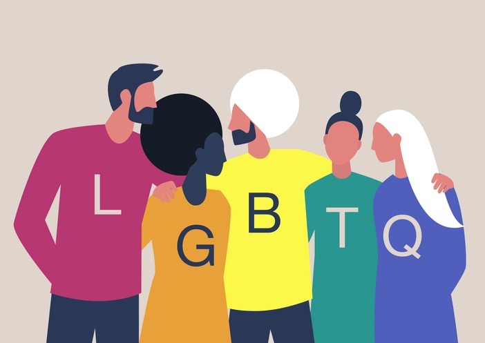 LGBTQ+ sign, Homosexual relationships, A diverse community of modern gay, lesbian, bisexual, transgender, queer people hugging and supporting each other