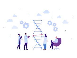 Science genetic laboratory and gene editing concept. Vector flat person illustration. Multiethnic male and female scientist with dna sign. Text book and laptop. Design for medicine banner
