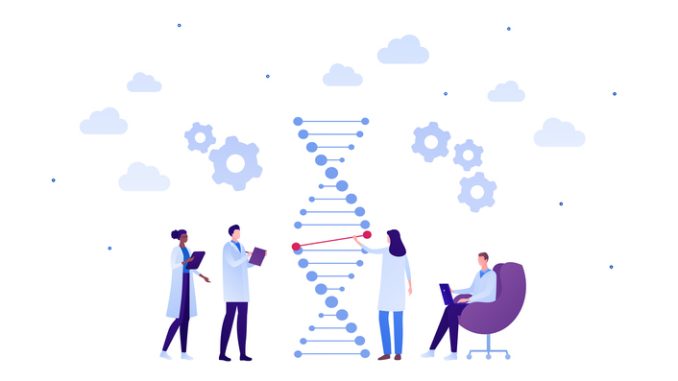 Science genetic laboratory and gene editing concept. Vector flat person illustration. Multiethnic male and female scientist with dna sign. Text book and laptop. Design for medicine banner