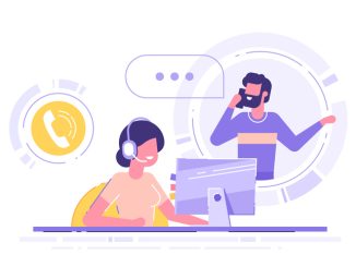 Woman with headset is sitting at her computer and talking with client. Clients assistance, call center, hotline operator, consultant manager, technical support and customer care. Vector illustration.