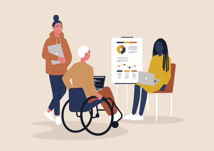 Inclusive office, a group of young millennial characters working on a project,