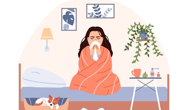 Sick person on bed with blanket treatment. Flat common cold flu virus concept. Sneezing woman blow nose. Character has influenza infection cough runny nose fever. Medical cartoon vector illustration.