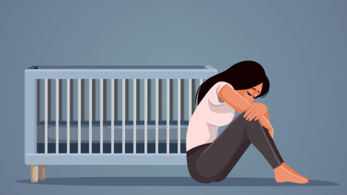 Woman Suffering from Postpartum Depression Vector Cartoon Illustration