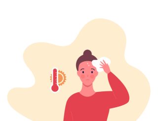 Enviroment issue and extreme weather concept. Vector flat people illustration. Heat wave red color thermometer symbol isolated on white background. Sweaty female character with heatstroke symptom
