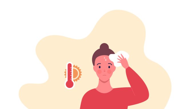 Enviroment issue and extreme weather concept. Vector flat people illustration. Heat wave red color thermometer symbol isolated on white background. Sweaty female character with heatstroke symptom