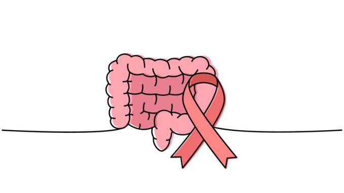 Human intestines with ribbon one line colored continuous drawing. Cancer awareness ribbon, AIDS tape continuous one line colorful illustration.