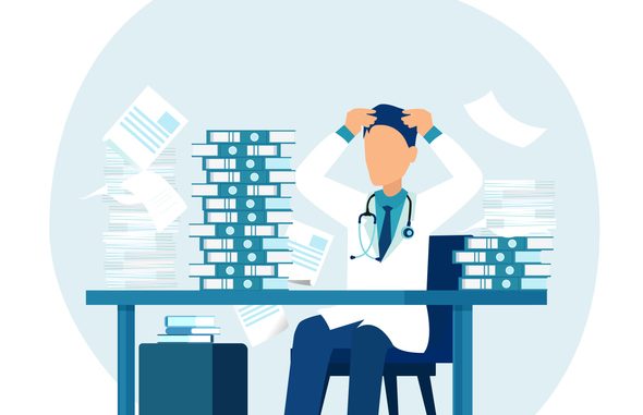 Vector of a stressed overworked male doctor sitting at a desk in his office